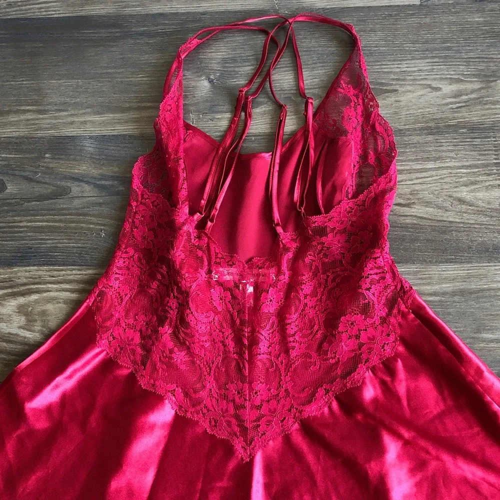 Victoria’s Secret Vintage Red Satin Slip Nightgown Lingerie Lace Small